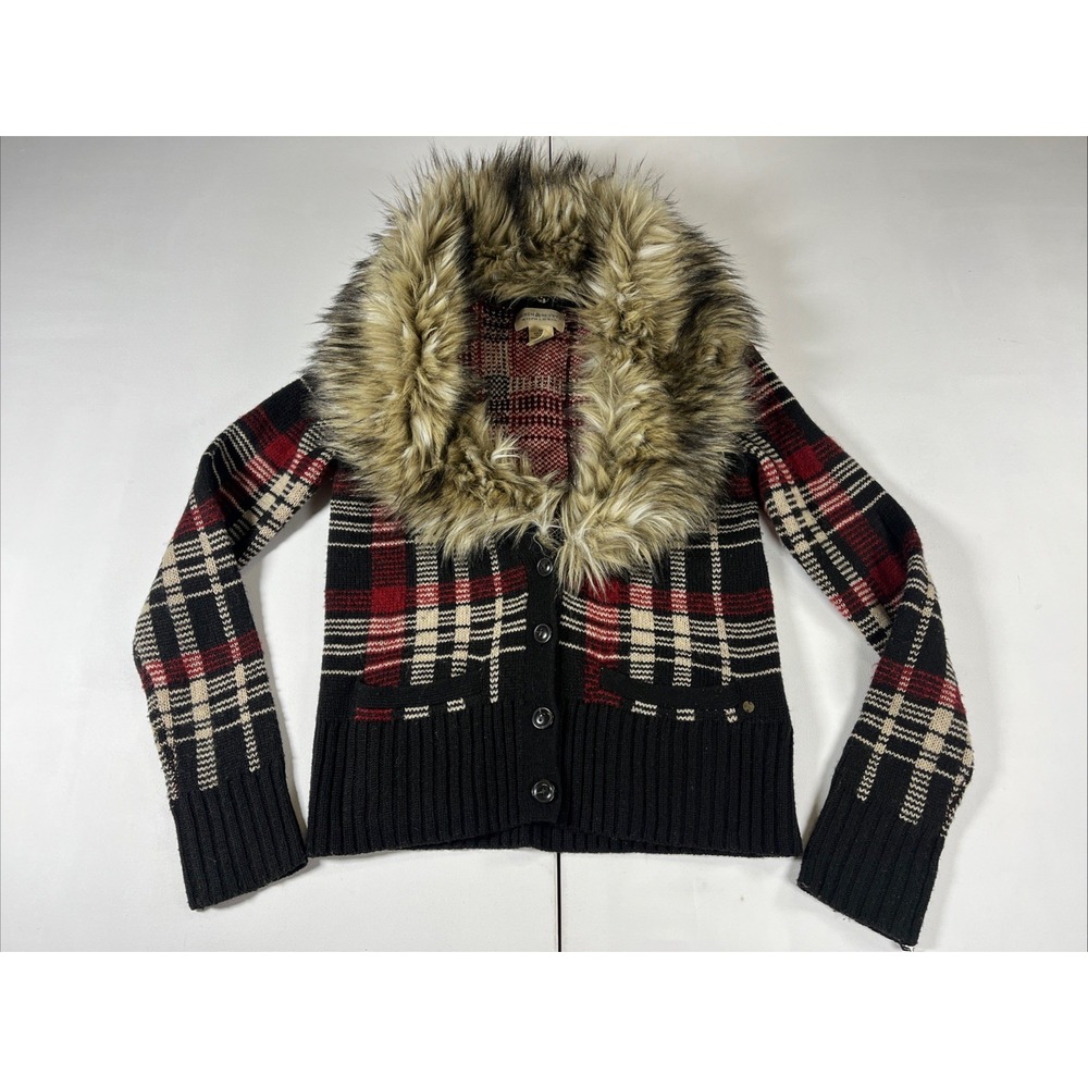 Denim & Supply Ralph Lauren Plaid Knit Cardigan Sweater Detachable Fur Womens S